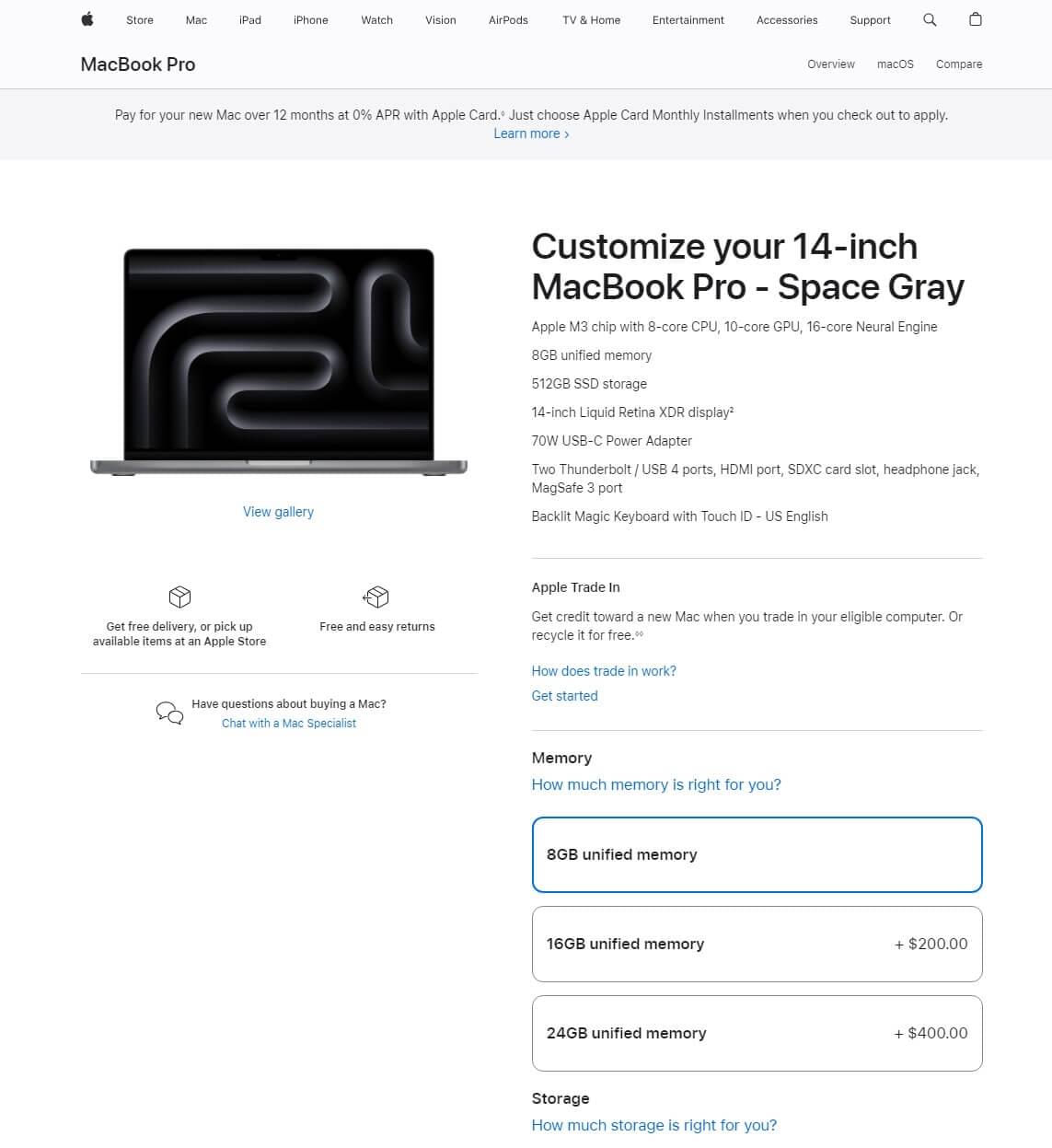 Apple product page offering storage and size upgrades as an upsell