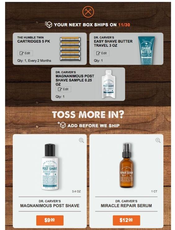 Dollar Shave Club suggesting complementary products at checkout